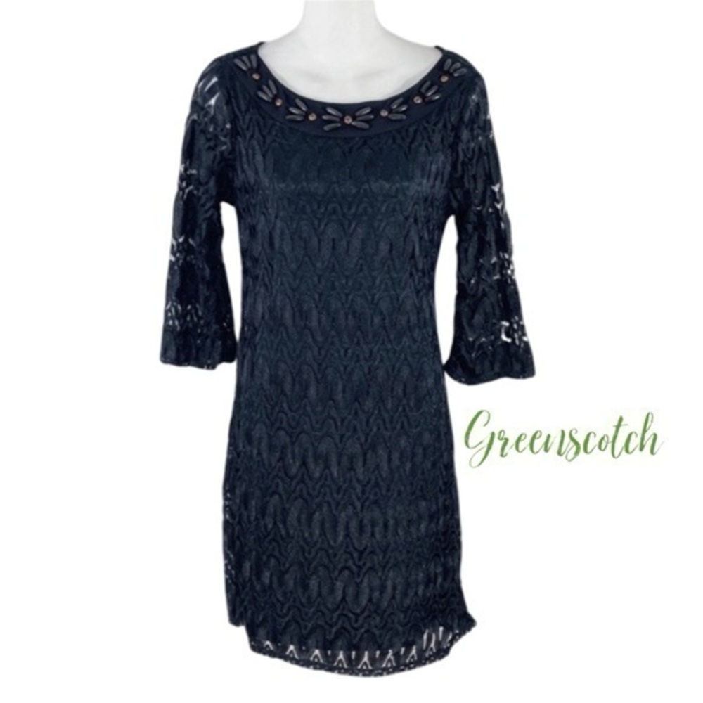 Hale Bob black lace beaded neckline 3/4 sleeve dress Small S DD18